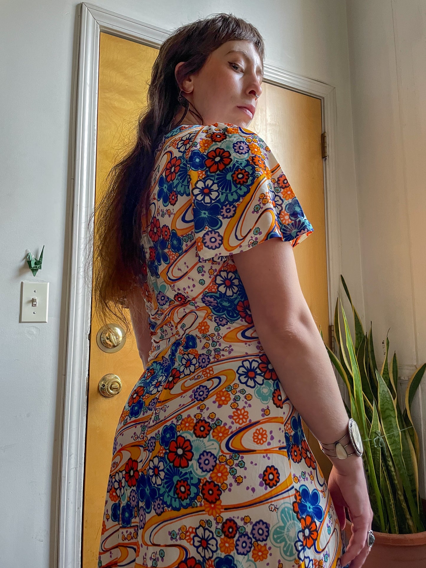 60s/70s Hawaiian Psych Print Maxi Dress (M)