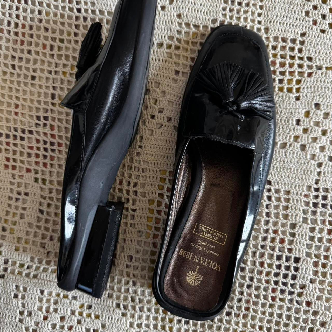 Vintage Black Patent Leather Mule Loafers w/ Tassels (W8)
