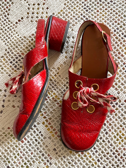 60’s Mod Patent Leather Red Slingback Loafers (W7)