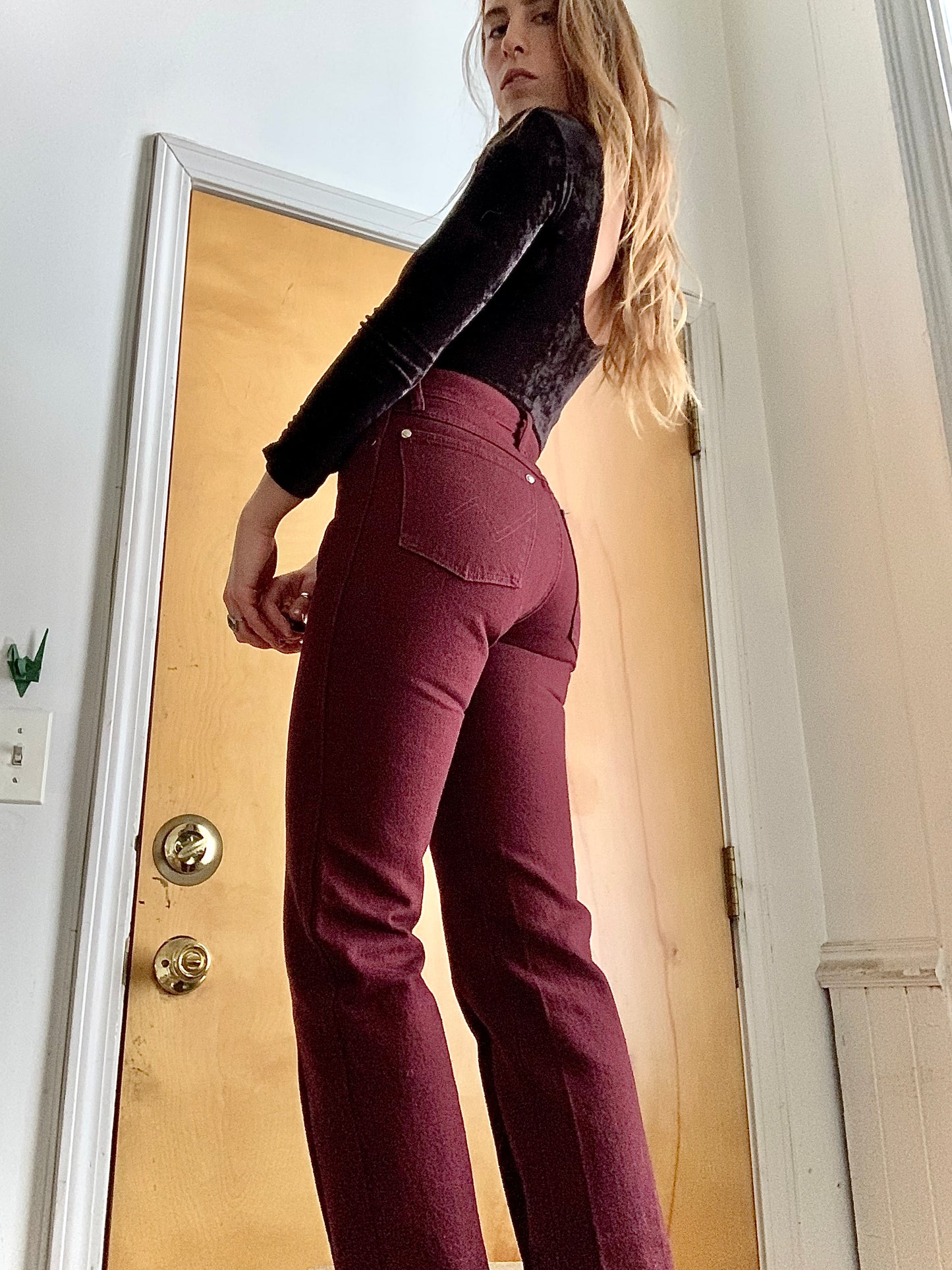 Vintage 80s Deadstock Deep Burgundy Wrangler Jeans (26/27”W)