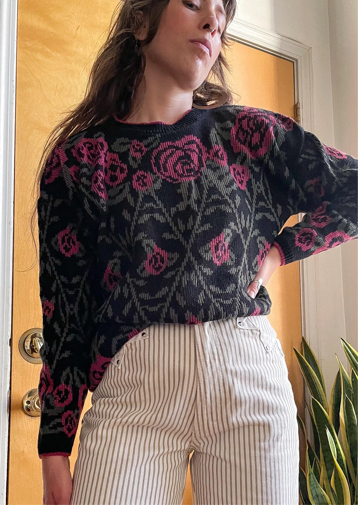 Vintage 80s Fractal Rose Print Pullover Sweater (M)