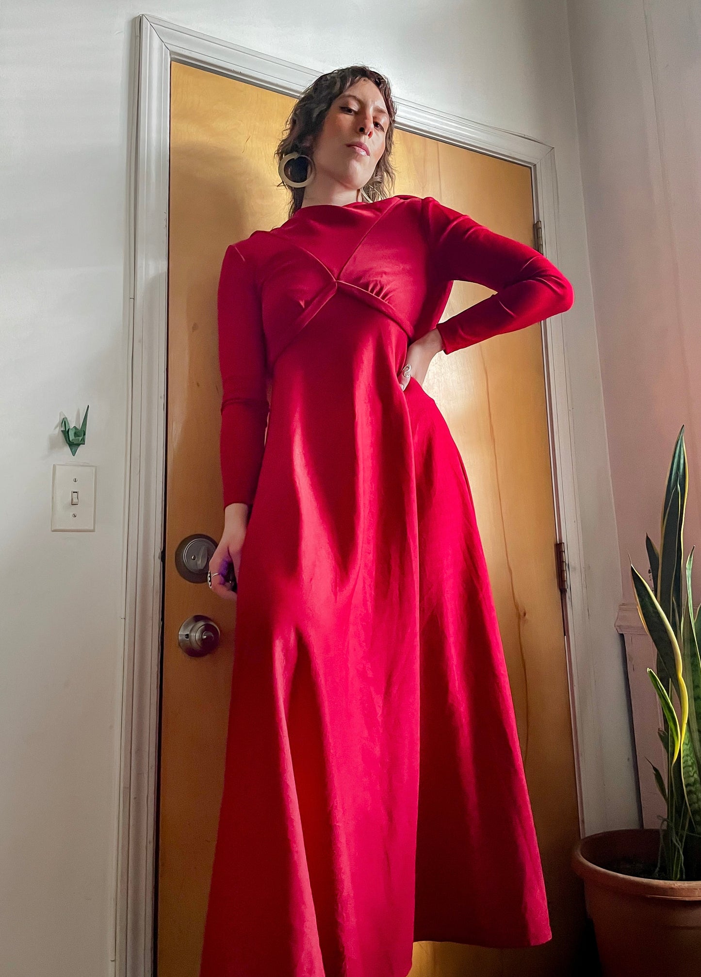 70s- 80s Red Hooded Maxi Dress (XS)