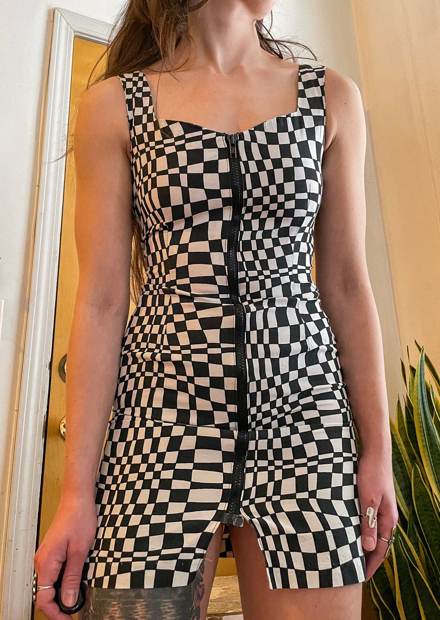 Late 80s- Early 90s Checkered Op Art Bodycon Dress (XS)