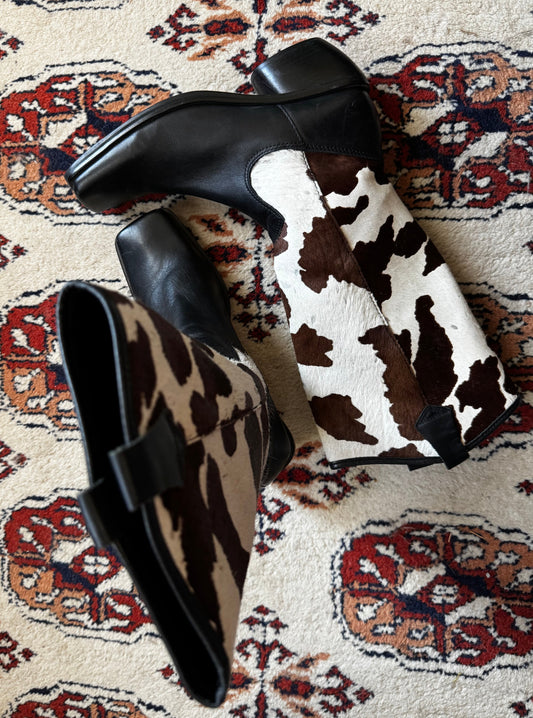 Vintage 90s Cow Print Pony Hair Knee High Boots (9)