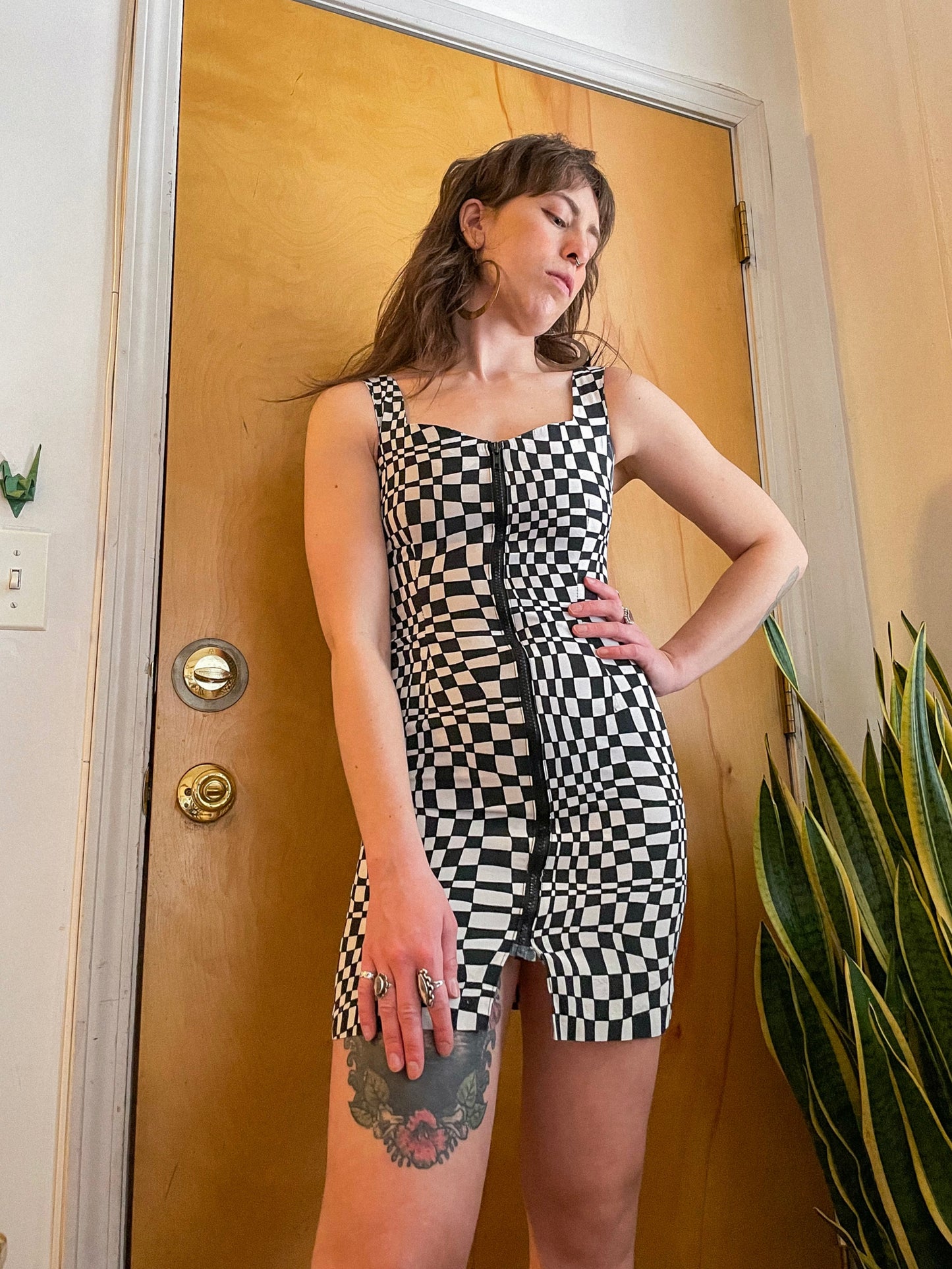 Late 80s- Early 90s Checkered Op Art Bodycon Dress (XS)