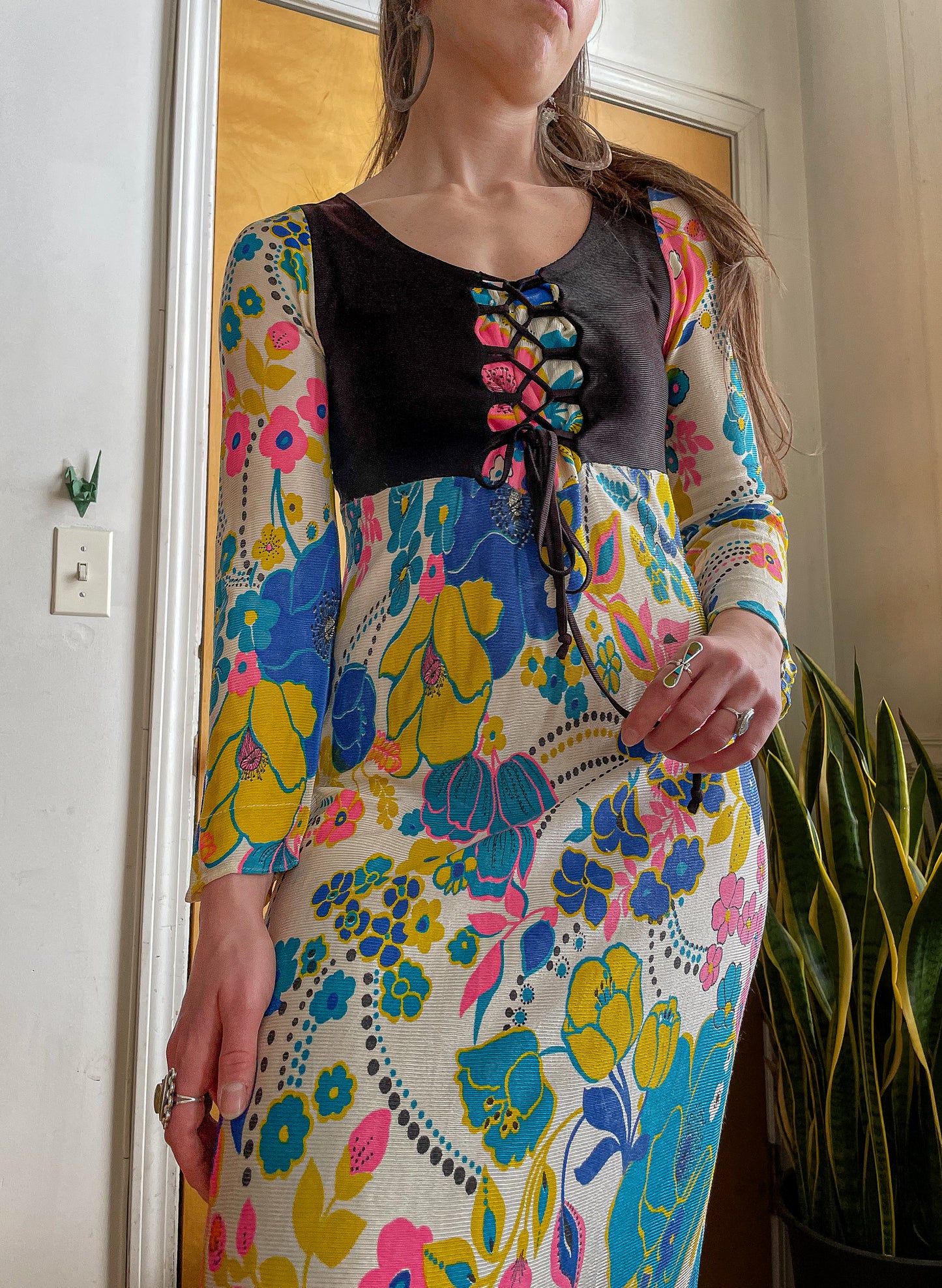 Early 70s Groovy Printed Floral Maxi Dress (S)