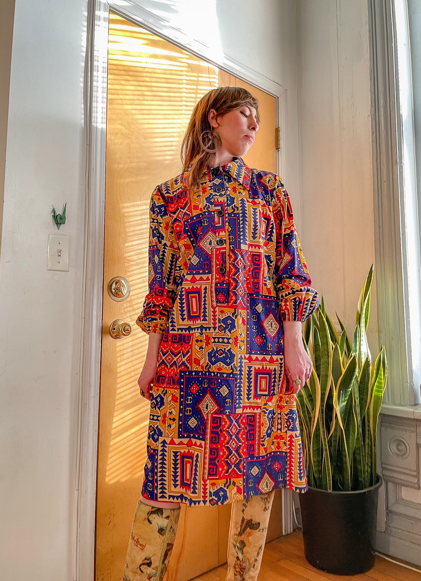 INSANE Late 60’s Funky Geo Print Shirt Dress (XXL)