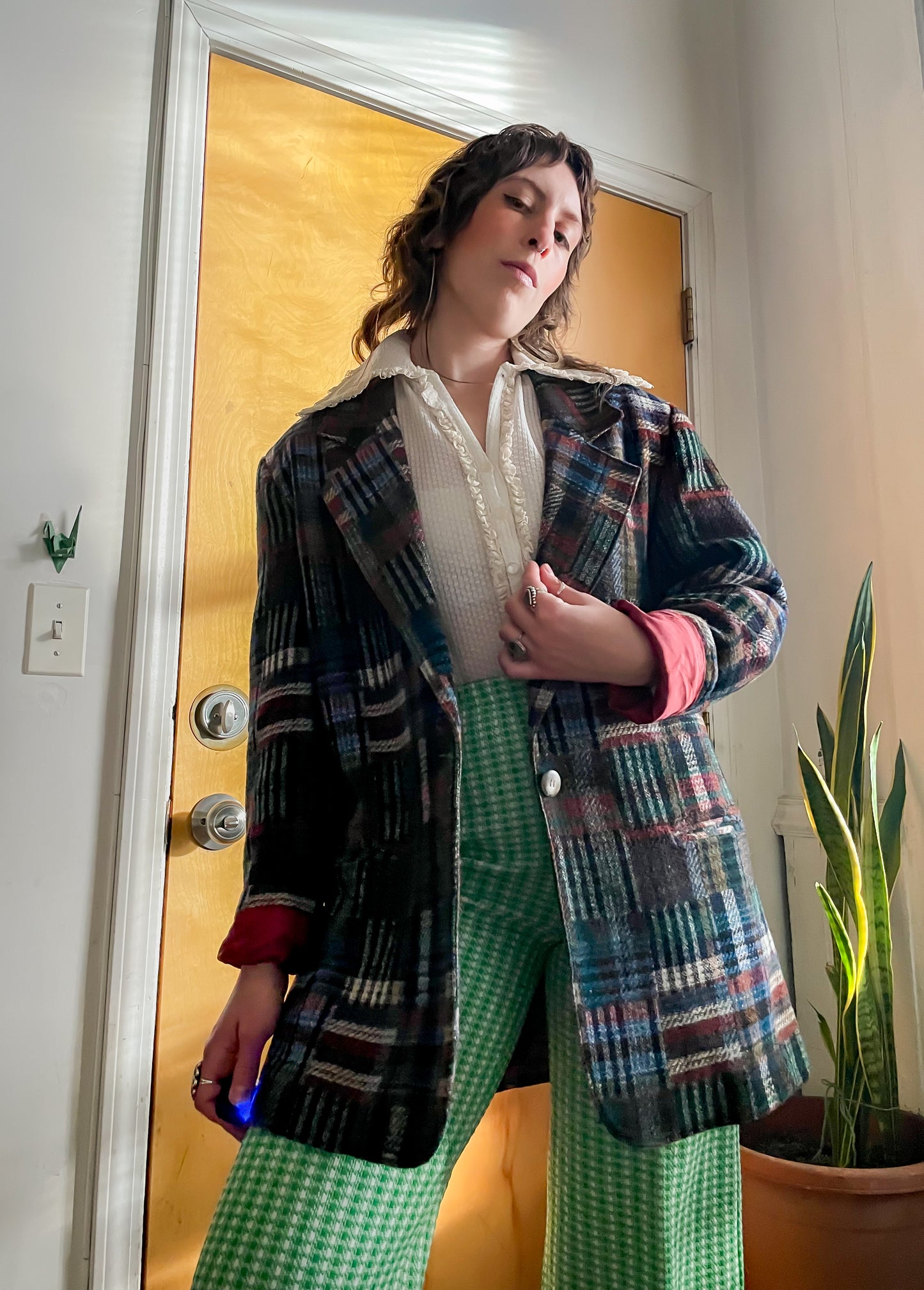 Early 80s Soft Knit Poly Checkered Blazer (L)