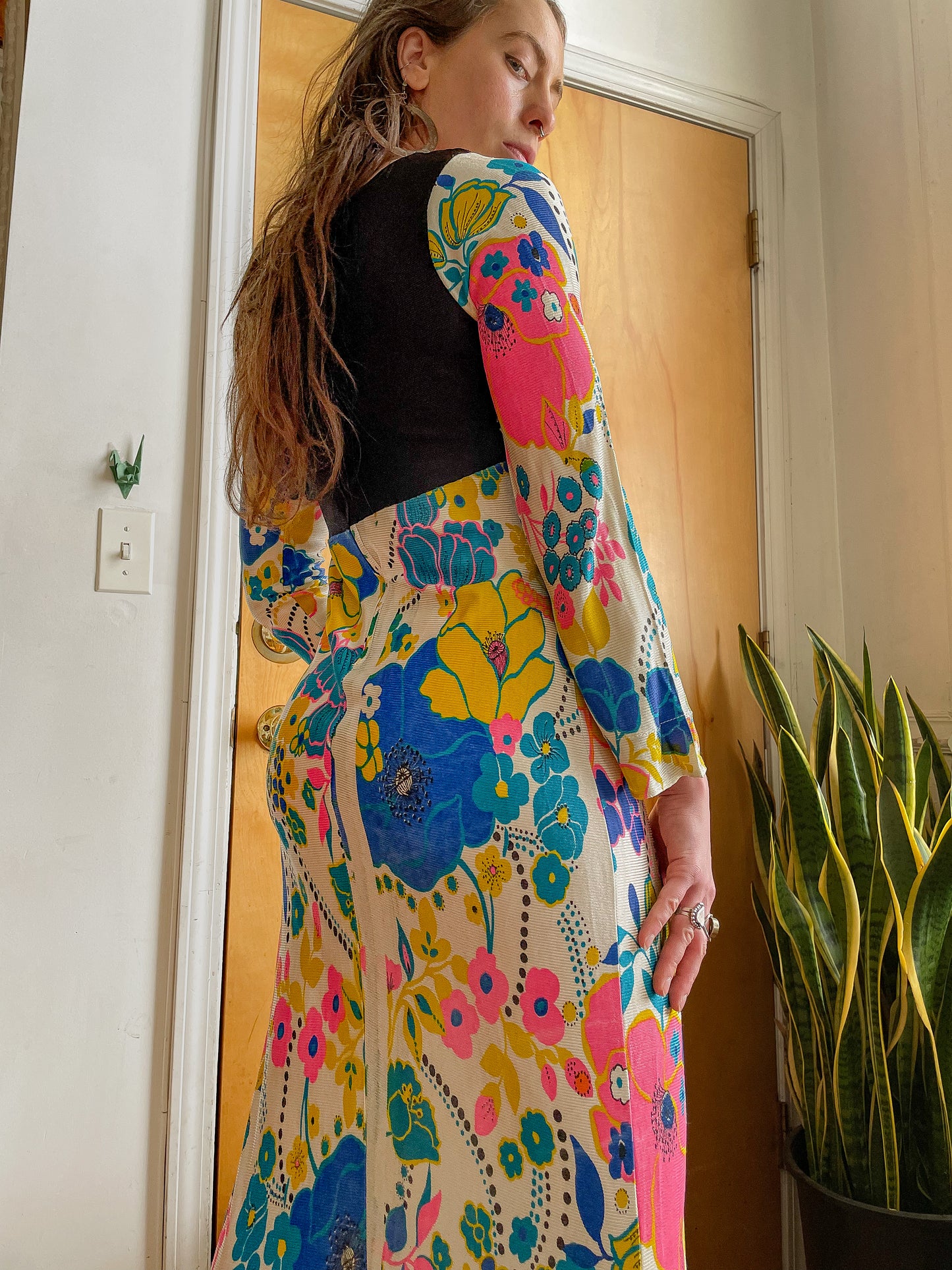 Early 70s Groovy Printed Floral Maxi Dress (S)