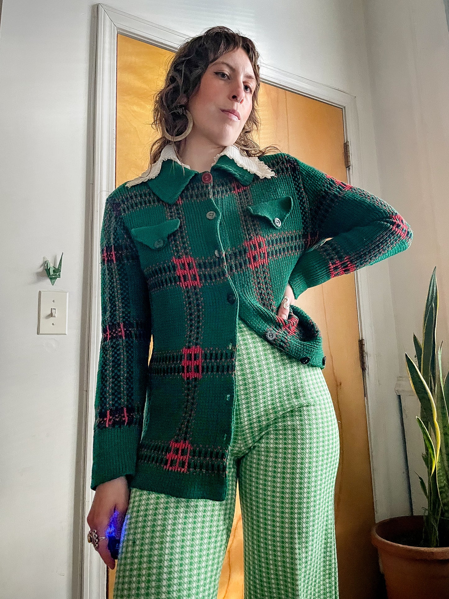 Vintage 70s/80s Knit Plaid Tartan Cardigan (M-L)