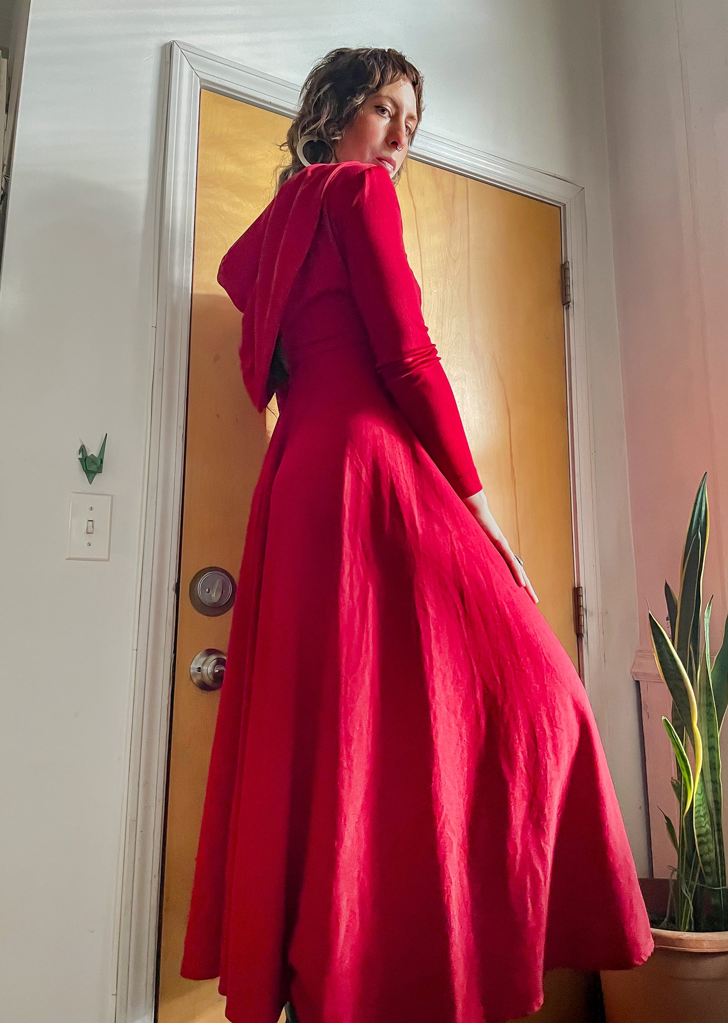 70s- 80s Red Hooded Maxi Dress (XS)