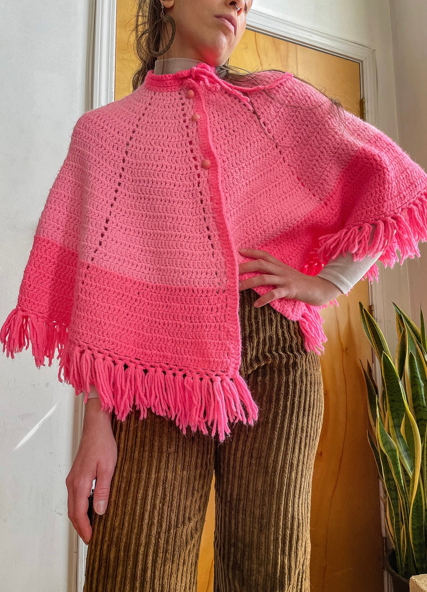 Late 70s Knit Crocheted Two Toned Poncho (XS-M)