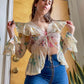 70s Semi Sheer Floral Blouse w/ Flutter Sleeves (S-M)