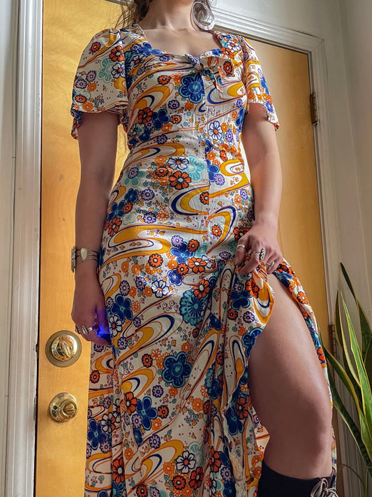 60s/70s Hawaiian Psych Print Maxi Dress (M)