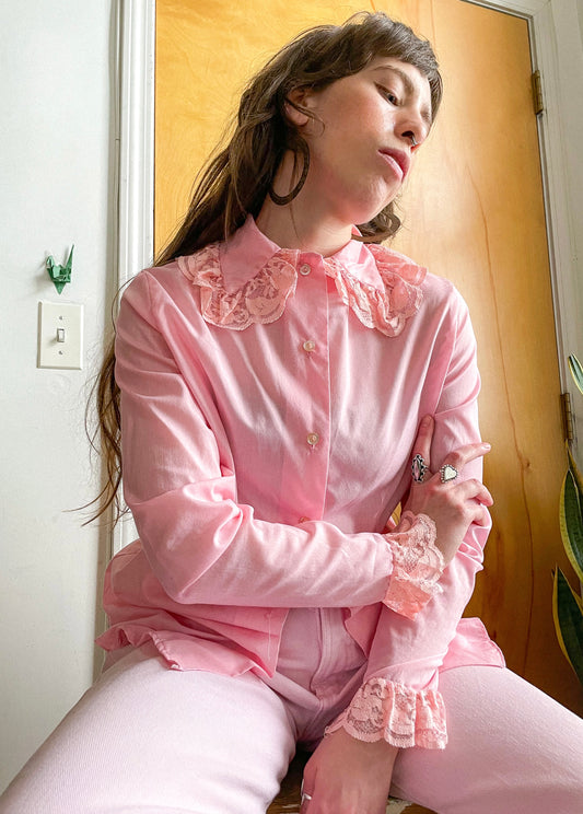 80s Pink Laced Western Button Down (M)