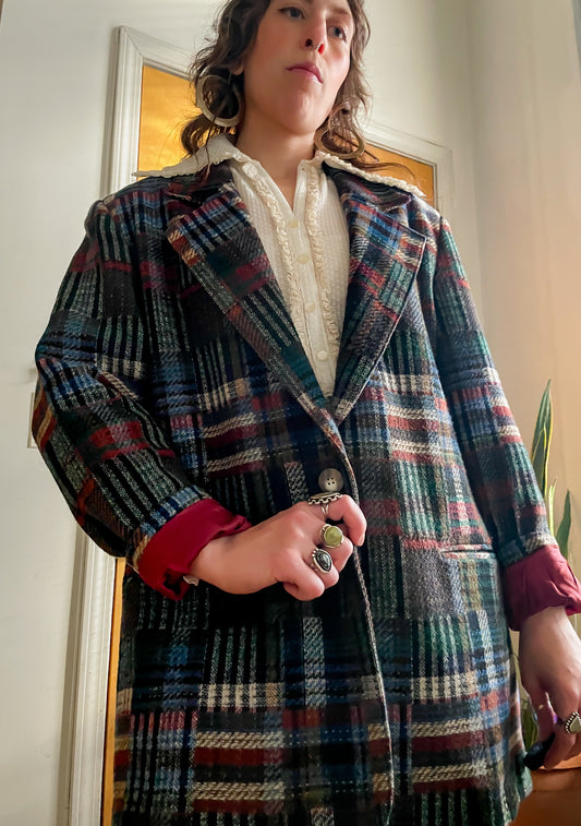 Early 80s Soft Knit Poly Checkered Blazer (L)