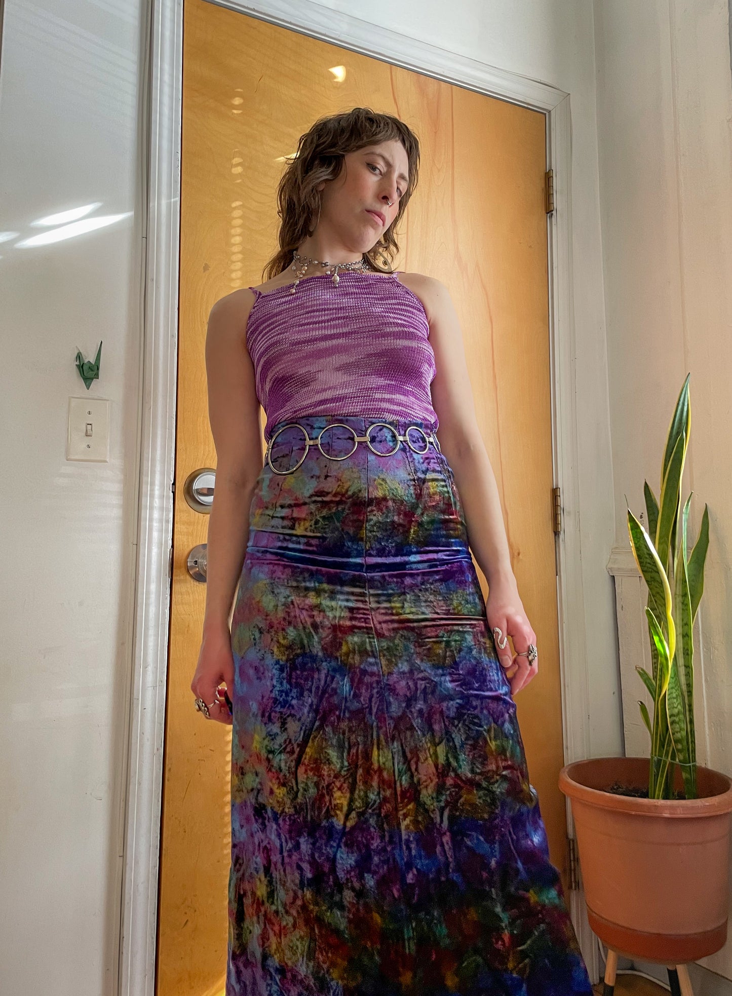 90s Crushed Velvet Iridescent Maxi Skirt (S)