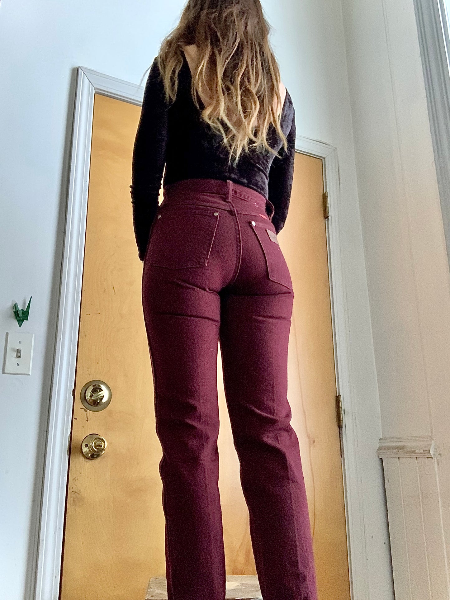 Vintage 80s Deadstock Deep Burgundy Wrangler Jeans (26/27”W)