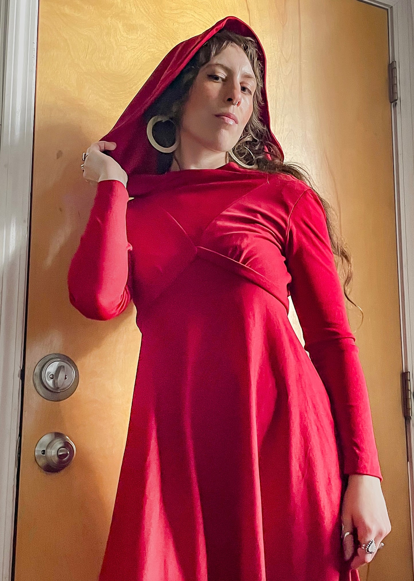 70s- 80s Red Hooded Maxi Dress (XS)